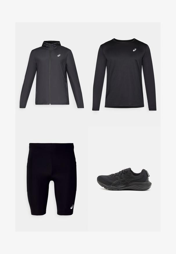 Veste légère noire avec capuche, fermeture éclair sur le devant, manches longues et petit logo sur la poitrine. Tissu lisse et résistant à l'eau.; Maillot de sport noir à manches longues en tissu texturé, doté d'un col rond et d'un petit logo sur la poitrine.; Shorts de sport noirs en matériau extensible, avec un ajustement serré, une coupe au genou et un petit logo blanc sur le côté inférieur.; Chaussures de sport noires fabriquées en mesh et matériaux synthétiques, avec un dessus texturé, un design à lacets et une semelle rembourrée avec une languette.