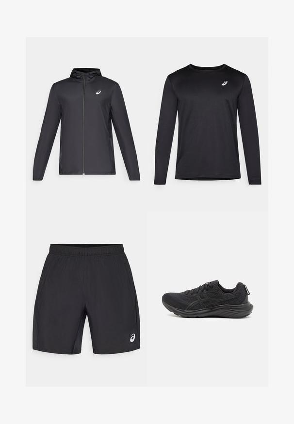 Svart lett jakke med hette, glidelås foran, lange ermer og en liten logo på brystet. Glatt, vannavstøtende stoff.; Svart langermet treningstrøye laget av teksturert stoff, med rund hals og en liten logo på brystet.; Sorte treningsshorts med elastisk midjebånd, med en glatt tekstur og en liten hvit logo på nederste høyre side.; Svart treningsko laget av mesh og syntetiske materialer, med en teksturert overdel, snøring, og en polstret såle med en løkke.