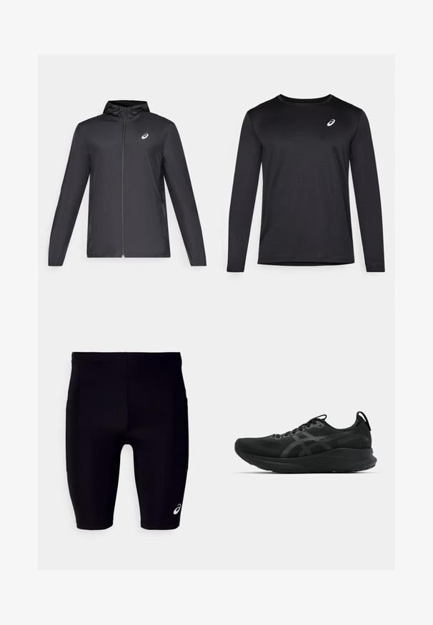 Veste légère noire avec capuche, fermeture éclair sur le devant, manches longues et petit logo sur la poitrine. Tissu lisse et résistant à l'eau.; Maillot de sport noir à manches longues en tissu texturé, doté d'un col rond et d'un petit logo sur la poitrine.; Shorts de sport noirs en matériau extensible, avec un ajustement serré, une coupe au genou et un petit logo blanc sur le côté inférieur.; Chaussure de sport noire avec une tige en mesh, un design à lacets, un talon renforcé et une semelle texturée. Présente des accents de logo réfléchissants subtils.