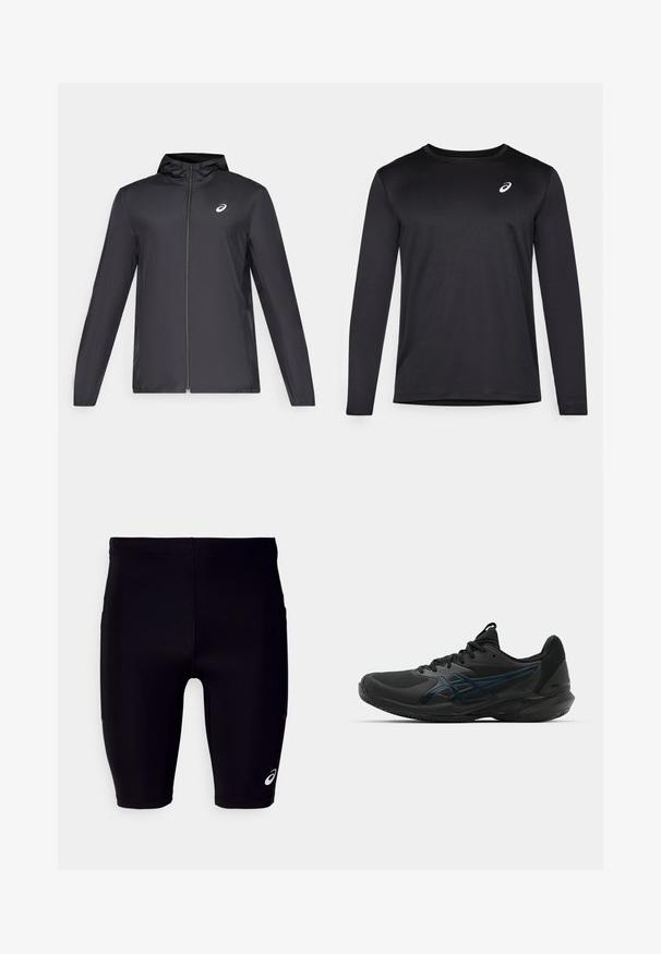 Veste légère noire avec capuche, fermeture éclair sur le devant, manches longues et petit logo sur la poitrine. Tissu lisse et résistant à l'eau.; Maillot de sport noir à manches longues en tissu texturé, doté d'un col rond et d'un petit logo sur la poitrine.; Shorts de sport noirs en matériau extensible, avec un ajustement serré, une coupe au genou et un petit logo blanc sur le côté inférieur.; ASICS SOLUTION SPEED FF 3 CLAY - Chaussures de tennis pour terre-battueerre battue - black/prism blue