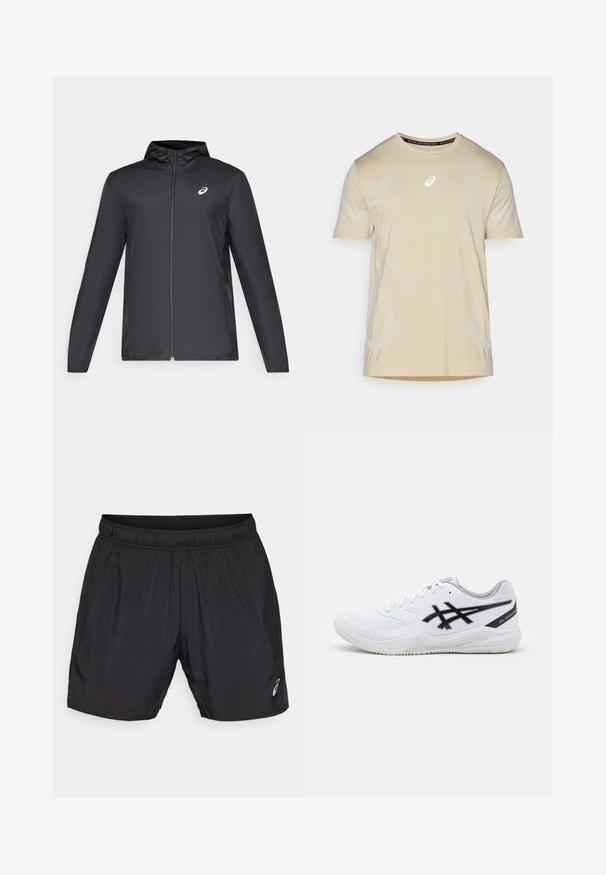 Melns viegls mētelis ar kapuci, priekšējais rāvējslēdzis, gari piedurknes un mazs logo uz krūtīm. Gluda, ūdensizturīga auduma.; Gaišbēšā īsām piedurknēm sporta t-kreklā ar atstarojošiem akcentiem un teksturētu apdari, ar izliekta dizaina līnijām un apaļu kakla izgriezumu.; Melnas sporta šortus, kas izgatavoti no viegla materiāla, ar elastīgu jostu un mazu logotipu apakšējā kreisajā pusē.; Baltie sporta apavi ar teksturētu augšdaļu, melnu svītru dizainu un pelēkiem akcentiem uz papēža un mēles. Gumijas zole ar rakstainu saķeri.