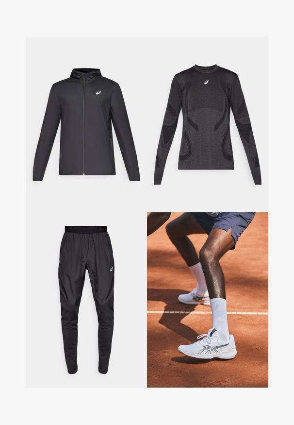 Czarna, lekka kurtka z kapturem, z zamek błyskawicznym z przodu, długimi rękawami i małym logo na klatce piersiowej. Gładki, wodoodporny materiał.; Długi rękaw sportowy top w ciemnoszarym kolorze, z teksturowanymi akcentami w jaśniejszym odcieniu szarości. Okrągły dekolt z logo na klatce piersiowej.; Czarne spodenki sportowe z elastycznym paskiem w talii, bocznymi kieszeniami oraz kontrastującymi panelami teksturującymi na nogawkach. Logo Asics na biodrze.; Białe buty sportowe z srebrnymi akcentami, z teksturowaną podeszwą, górą z siateczki i sznurówkami, umieszczone na kort tenisowy z gliny.