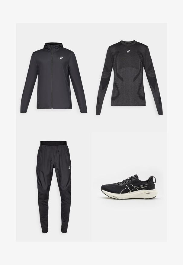 Giacca leggera nera con cappuccio, zip frontale, maniche lunghe e un piccolo logo sul petto. Tessuto liscio e resistente all'acqua.; Maglia sportiva a maniche lunghe in grigio scuro, con dettagli di design testurizzati in un grigio più chiaro. Collo a giro con logo sul petto.; Pantaloni sportivi neri con una cintura elastica, tasche laterali e pannelli di texture a contrasto sulle gambe. Logo Asics sull'anca.; Scarpa da corsa nera con tomaia in rete, dettagli bianchi, suola spessa e tecnologia di ammortizzazione visibile. Presenta lacci e un'anello di trazione sul tallone.