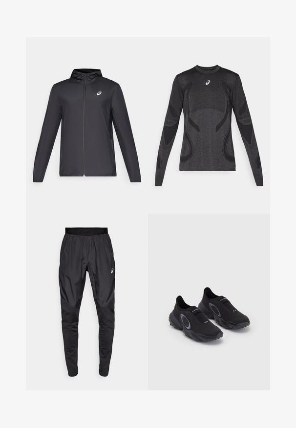 Mustmust mustgaasiga, millega on väike kapuuts, ees lukuga, pikad varrukad ja väike logo rinnal. Sile, veekindel kangas.; Tumehallide pika varrukaga spordisärgid, millel on heleda halli tooni tekstuurilised detailid. Ümmargune kaelus ja logo rinnal.; Mustavad sportlikud püksid veniva vöökohaga, küljetaskud ja kontrastsed tekstuuripaneelid jalgadel. Asicsi logo puusal.; Mustad musta värvi kellukad, millel on tekstureeritud pealmine osa ja kummine tall. Omab halli ümmargust aksenti ja elastset rihma üle jalalaba, et tagada parem sobivus.