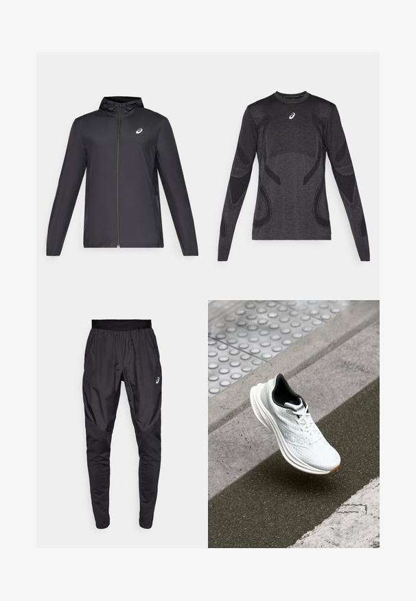 Black lightweight jacket with a hood, front zipper, long sleeves, and a small logo on the chest. Smooth, water-resistant fabric.; Long-sleeved athletic top in dark gray, featuring textured design accents in a lighter gray. Crew neckline with logo on the chest.; Black athletic pants with a stretchy waistband, side pockets, and contrasting texture panels on the legs. Asics logo on the hip.; White athletic shoe with black interior floating above textured curb and asphalt road near raised tactile paving.