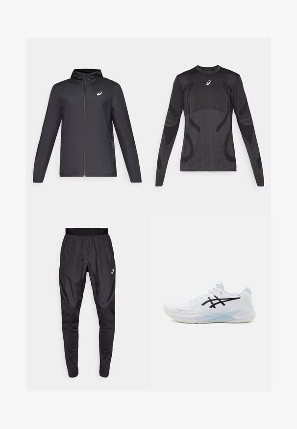 Črna lahka jakna s kapuco, sprednjim zadrgo, dolgimi rokavi in majhnim logotipom na prsih. Gladko, vodoodporno blago.; Dolge roke športna majica v temno sivi barvi, z teksturiranimi oblikovalskimi poudarki v svetlejši sivi. Okrogla izreza z logotipom na prsih.; Črne športne hlače z raztegljivim pasom, stranskimi žepi in kontrastnimi teksturnimi paneli na nogah. Asics logo na boku.; Bela športna obutev z teksturiranim sintetičnim zgornjim delom in črnimi oznakami. Ima svetlo modro poudarjeno peto in gumijast podplat za oprijem.
