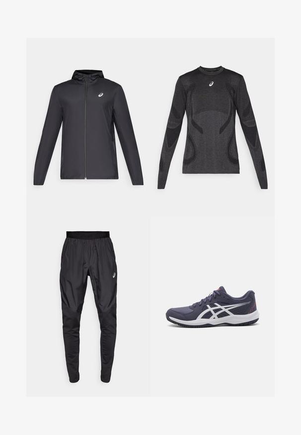 Chaqueta ligera negra con capucha, cierre frontal, mangas largas y un pequeño logo en el pecho. Tela suave y resistente al agua.; Camiseta deportiva de manga larga en gris oscuro, con acentos de diseño texturizado en un gris más claro. Cuello redondo con logotipo en el pecho.; Pantalones deportivos negros con una cinturilla elástica, bolsillos laterales y paneles de textura contrastante en las piernas. Logo de Asics en la cadera.; Zapatillas deportivas de color navy oscuro con acentos blancos, material texturizado, diseño bajo, suela acolchada y cierre de cordones.