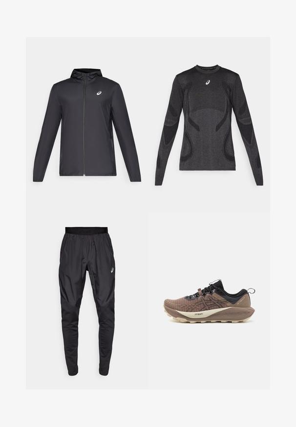 Svart lett jakke med hette, glidelås foran, lange ermer og en liten logo på brystet. Glatt, vannavstøtende stoff.; Langermet treningsgenser i mørkegrå, med teksturerte designelementer i lysere grå. Rund hals med logo på brystet.; Svarte treningsbukser med elastisk midjebånd, sidelommer og kontrasterende teksturpaneler på bena. Asics-logo på hoften.; Terrengløpesko i teksturert brun mesh, med svarte detaljer og snøring. Har en polstret kremfarget såle og mønstrede detaljer.