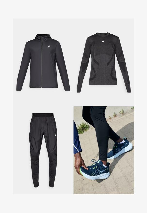 Černá lehká bunda s kapucí, předním zipem, dlouhými rukávy a malým logem na hrudi. Hladká, voděodolná tkanina.; Dlouhý rukáv sportovní top v tmavě šedé barvě, s texturovanými designovými akcenty v světle šedé. Kulatý výstřih s logem na hrudi.; Černé sportovní kalhoty s elastickým páskem, bočními kapsami a kontrastními texturovými panely na nohavicích. Logo Asics na boku.; Tmavě modré sportovní boty s zelenými akcenty, texturovaný síťový svršek a silná bílá podešev. Noha upravuje botu, zatímco stojí na cestě.