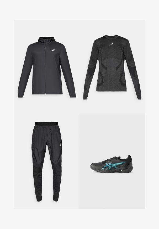 Juodas lengvas džemperis su gobtuvu, priekiniais užtrauktukais, ilgomis rankovėmis ir mažai logo ant krūtinės. Lygi, vandeniui atspari medžiaga.; Ilgaespalvi atletinio stiliaus marškinėliai tamsiai pilkos spalvos, su tekstūruotais dizaino akcentais šviesiai pilkoje spalvoje. Apvalus iškirpimas ir logotipas ant krūtinės.; Juodi sportiniai kelnes su elastingu juosmeniu, šoninėmis kišenėmis ir kontrastingos tekstūros panelėmis ant kojų. Asics logotipas ant klubo.; ASICS SOLUTION SPEED FF 3 - Teniso bateliai įvairiai dangai - black/prism blue