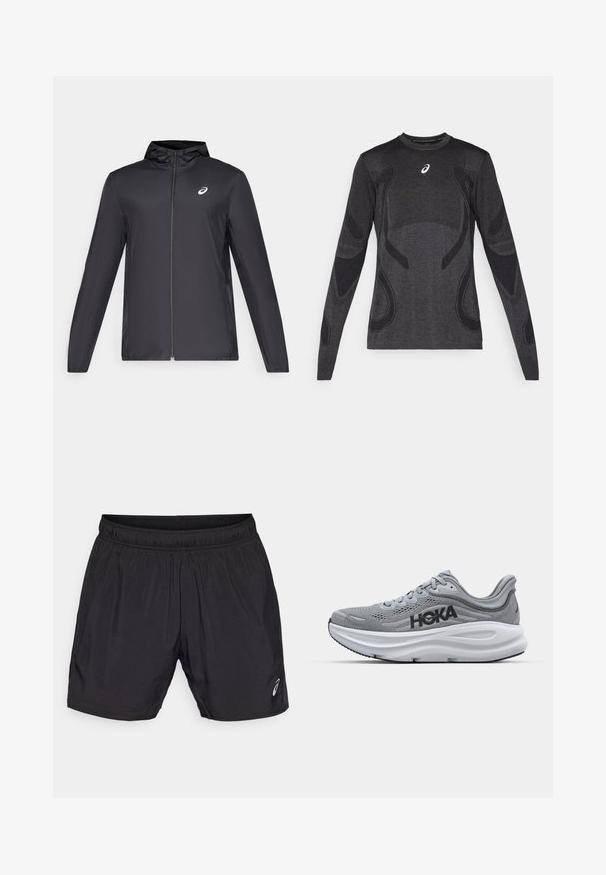 Crna lagana jakna s kapuljačom, prednjim patentnim zatvaračem, dugim rukavima i malim logom na prsima. Glatka, vodoodbojna tkanina.; Dugih rukava atletska majica tamno sive boje, s teksturiranim dizajnom u svjetlijoj sivoj boji. Okrugli izrez s logotipom na prsima.; Crne tajice za sport izrađene od laganog materijala, s elastičnom tregrom i malim logom na donjoj lijevoj strani.; Sive patike za trčanje s mrežastim gornjim dijelom, HOKA brendiranjem, podstavljenim srednjim dijelom i gumiranim potplatom. Imaju zakrivljen dizajn i teksturirane detalje.