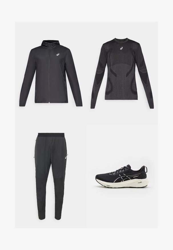 Zwarte lichtgewicht jas met een capuchon, rits aan de voorkant, lange mouwen en een klein logo op de borst. Glad, waterafstotend materiaal.; Langarm atletisch T-shirt in donkergrijs, met textuuraccenten in lichter grijs. Ronde halslijn met logo op de borst.; Zwarte sportieve broeken van lichtgewicht, waterafstotend materiaal, met een taps toelopend ontwerp, elastische tailleband en ritszakken aan de zijkanten.; Zwarte hardloopschoen met een bovenwerk van mesh, witte accenten, een dikke zool en zichtbare cushiontechnologie. Voorzien van veters en een lusje op de hiel.