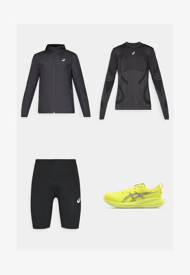 Black lightweight jacket with a hood, front zipper, long sleeves, and a small logo on the chest. Smooth, water-resistant fabric.; Long-sleeved athletic top in dark gray, featuring textured design accents in a lighter gray. Crew neckline with logo on the chest.; Black athletic shorts with a smooth texture, fitted design, and white logo on the left side. No visible pockets or hardware details.; Bright yellow athletic shoe with a textured upper, reflective silver accents, a rounded sole, and a pull tab on the heel for easy wear.