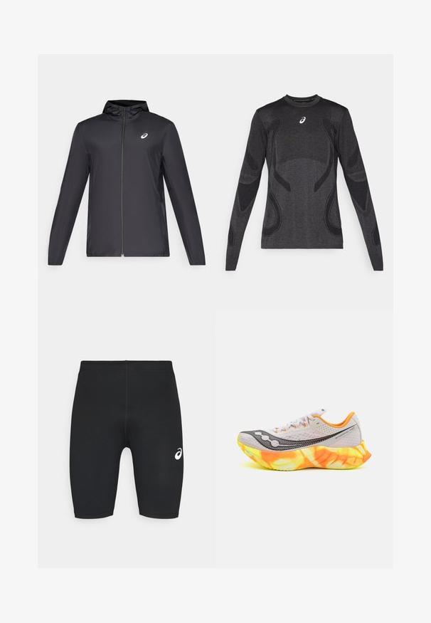 Čierna ľahká bunda s kapucňou, predným zipsom, dlhými rukávmi a malým logom na hrudi. Hladká, vodeodolná látka.; Dlhý rukáv športový top v tmavosivej farbe, s textúrovanými dizajnovými akcentmi vo svetlejšej sivej. Okruhly dekolt s logom na hrudi.; Čierne atletické šortky s hladkou textúrou, priliehavým strihom a bielym logom na ľavej strane. Žiadne viditeľné vrecká ani kovové detaily.; Bežecká obuv s šedou sieťovanou hornou časťou, čiernymi akcentmi a jasne oranžovo-žltou podrážkou. Má polstrovanú, štruktúrovanú podrážku pre lepšiu priľnavosť.