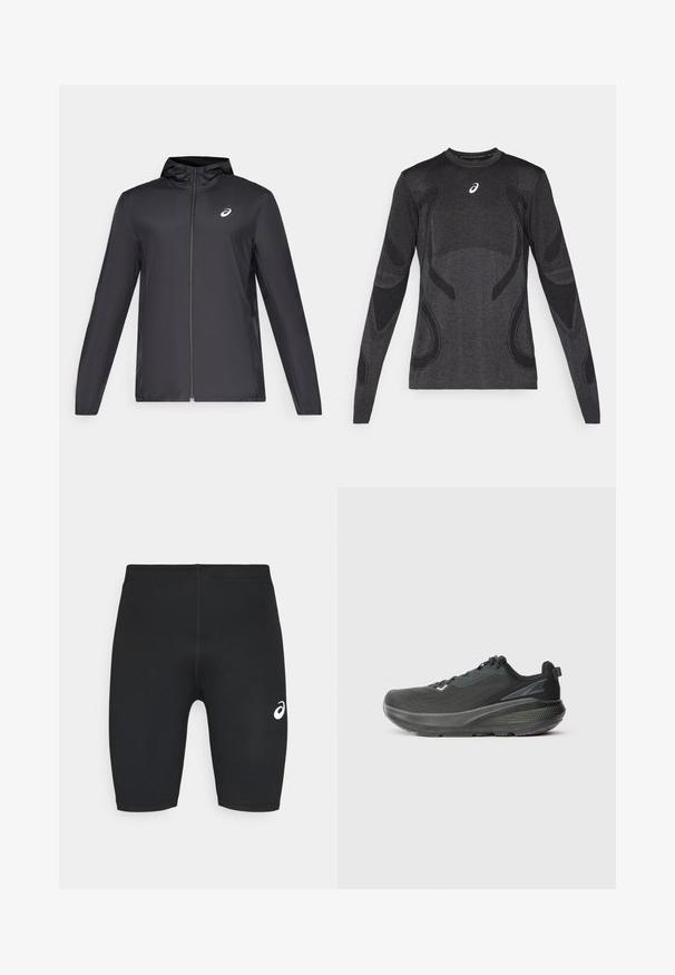 Schwarze, leichte Jacke mit Kapuze, Frontreißverschluss, langen Ärmeln und kleinem Logo auf der Brust. Glattes, wasserabweisendes Material.; Langärmliges Sportoberteil in Dunkelgrau mit strukturierten Designelementen in Hellgrau. Rundhalsausschnitt mit Logo auf der Brust.; Schwarze Sportshorts mit glatter Textur, körperbetontem Design und weißem Logo auf der linken Seite. Keine sichtbaren Taschen oder Hardware-Details.; Schwarzer Sportschuh mit atmungsaktivem Mesh-Obermaterial, strukturiertem Sohlenprofil und unterstützendem Zwischensohlen-Design. Reflektierende Akzente sind vorhanden.
