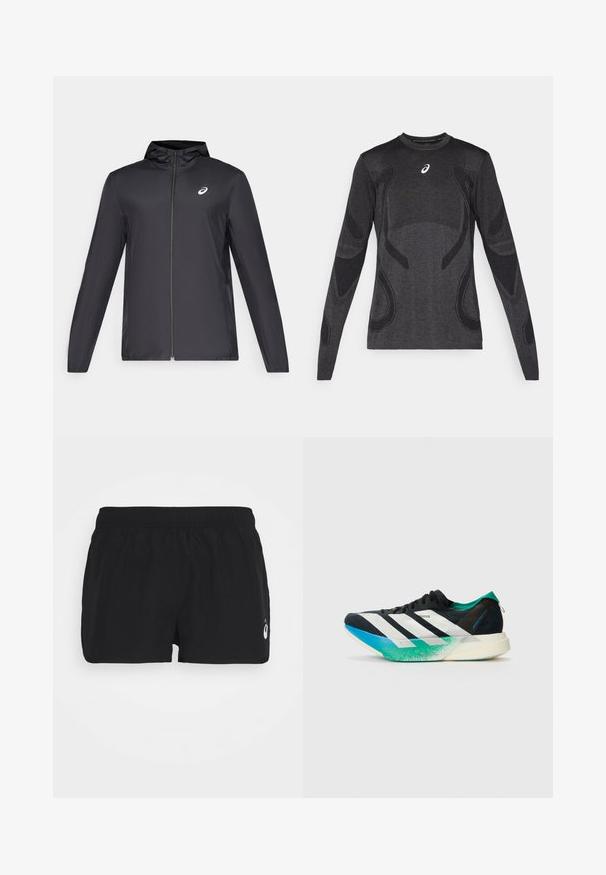 Giacca leggera nera con cappuccio, zip frontale, maniche lunghe e un piccolo logo sul petto. Tessuto liscio e resistente all'acqua.; Maglia sportiva a maniche lunghe in grigio scuro, con dettagli di design testurizzati in un grigio più chiaro. Collo a giro con logo sul petto.; Pantaloni sportivi neri con elastico in vita. Realizzati in tessuto leggero. Presentano un logo bianco sull'orlo inferiore. Design semplice e funzionale.; Scarpa sportiva nera con strisce bianche, dettagli verde teal e suola con gradiente da blu a verde. Design leggero con tomaia testurizzata.