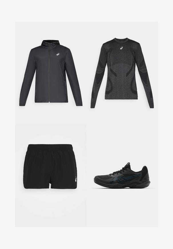 Giacca leggera nera con cappuccio, zip frontale, maniche lunghe e un piccolo logo sul petto. Tessuto liscio e resistente all'acqua.; Maglia sportiva a maniche lunghe in grigio scuro, con dettagli di design testurizzati in un grigio più chiaro. Collo a giro con logo sul petto.; Pantaloni sportivi neri con elastico in vita. Realizzati in tessuto leggero. Presentano un logo bianco sull'orlo inferiore. Design semplice e funzionale.; ASICS SOLUTION SPEED FF 3 CLAY - da tennis per terra battuta - black/prism blue
