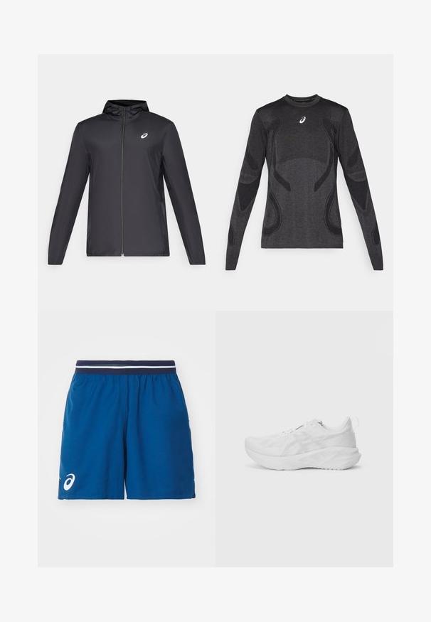Juodas lengvas džemperis su gobtuvu, priekiniais užtrauktukais, ilgomis rankovėmis ir mažai logo ant krūtinės. Lygi, vandeniui atspari medžiaga.; Ilgaespalvi atletinio stiliaus marškinėliai tamsiai pilkos spalvos, su tekstūruotais dizaino akcentais šviesiai pilkoje spalvoje. Apvalus iškirpimas ir logotipas ant krūtinės.; ASICS MATCH SHORT - Sportiniai šortai - mako blue; Balti sportiniai bateliai su tekstūruota tinkline viršutine dalimi, novatoriška amortizacija, kreiva padas ir kilpos užkulniui, kad būtų lengviau užsidėti.