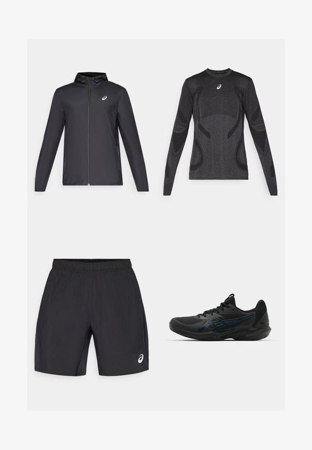 Juodas lengvas džemperis su gobtuvu, priekiniais užtrauktukais, ilgomis rankovėmis ir mažai logo ant krūtinės. Lygi, vandeniui atspari medžiaga.; Ilgaespalvi atletinio stiliaus marškinėliai tamsiai pilkos spalvos, su tekstūruotais dizaino akcentais šviesiai pilkoje spalvoje. Apvalus iškirpimas ir logotipas ant krūtinės.; Juodi sportiniai šortai su elastinga juosmeniu, turintys lygų paviršių ir mažą baltą logotipą apatiniame dešiniajame kampe.; ASICS SOLUTION SPEED FF 3 CLAY - Teniso bateliai molio dangos kortams - black/prism blue