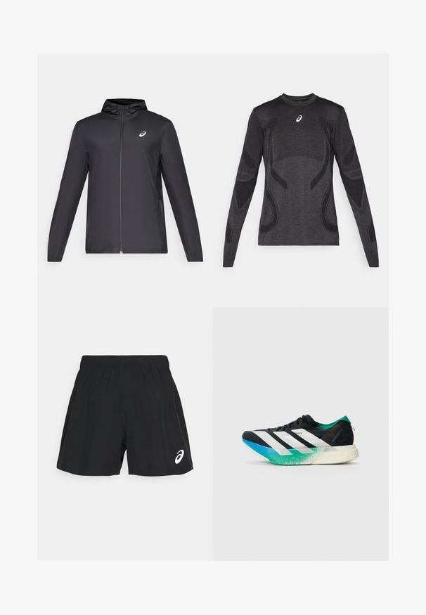 Črna lahka jakna s kapuco, sprednjim zadrgo, dolgimi rokavi in majhnim logotipom na prsih. Gladko, vodoodporno blago.; Dolge roke športna majica v temno sivi barvi, z teksturiranimi oblikovalskimi poudarki v svetlejši sivi. Okrogla izreza z logotipom na prsih.; ASICS CORE SHORT - Športne kratke hlače - performance black/graphite grey; Črne atletske čevlje z belimi črtami, akcenti v teal zeleni barvi in gradientno podlago od modre do zelene. Lahka zasnova z teksturiranim zgornjim delom.