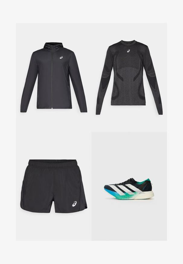 Veste légère noire avec capuche, fermeture éclair sur le devant, manches longues et petit logo sur la poitrine. Tissu lisse et résistant à l'eau.; Haut de sport à manches longues en gris foncé, avec des accents de design texturé en gris clair. Encolure ronde avec logo sur la poitrine.; Shorts de sport noirs avec une taille élastique, présentant une fente sur le côté et un logo blanc en bas à droite. Texture légère et lisse.; Chaussure de sport noire avec des rayures blanches, des accents vert turquoise et une semelle dégradée allant du bleu au vert. Design léger avec un dessus texturé.