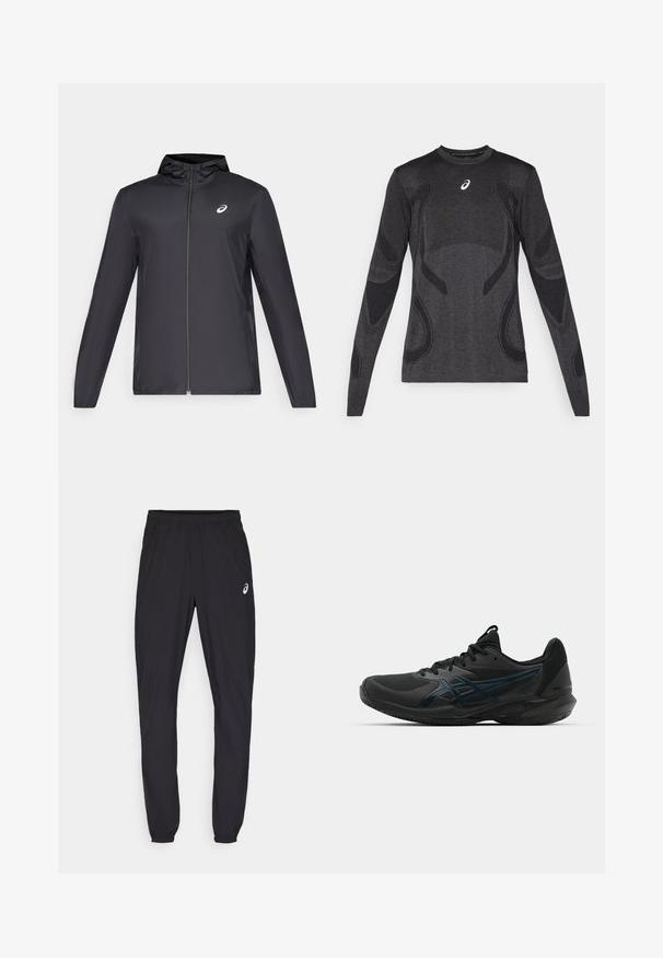 Chaqueta ligera negra con capucha, cierre frontal, mangas largas y un pequeño logo en el pecho. Tela suave y resistente al agua.; Camiseta deportiva de manga larga en gris oscuro, con acentos de diseño texturizado en un gris más claro. Cuello redondo con logotipo en el pecho.; Pantalones deportivos negros con cintura elástica y puños ajustados. Presenta un sutil acento de logo en el muslo izquierdo. Tejido ligero y suave.; ASICS SOLUTION SPEED FF 3 CLAY - Zapatillas de tenis para tierra batida - black/prism blue