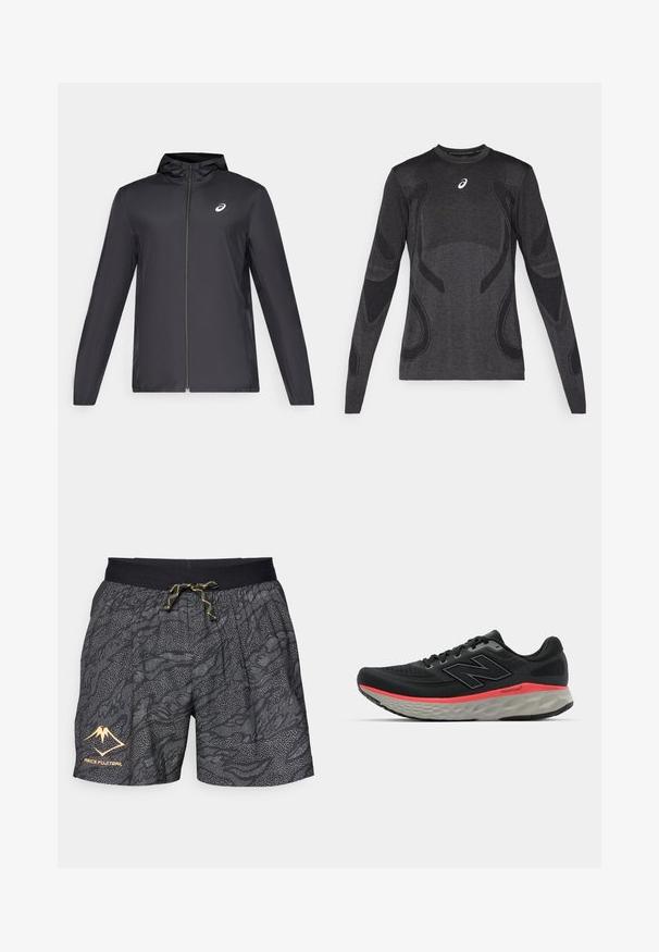 Black lightweight jacket with a hood, front zipper, long sleeves, and a small logo on the chest. Smooth, water-resistant fabric.; Long-sleeved athletic top in dark gray, featuring textured design accents in a lighter gray. Crew neckline with logo on the chest.; Black shorts with a textured pattern of gray waves and dotted accents. Features a black elastic waistband with a yellow drawstring and logo.; Black running shoe with mesh upper, accented by a pink midsole stripe and grey outsole. Features textured details and a flexible sole design.