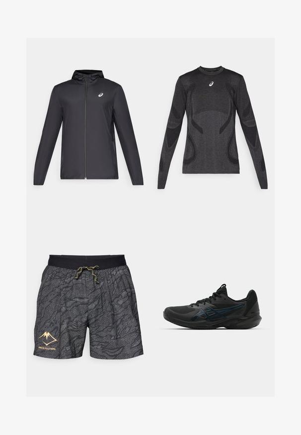 Juodas lengvas džemperis su gobtuvu, priekiniais užtrauktukais, ilgomis rankovėmis ir mažai logo ant krūtinės. Lygi, vandeniui atspari medžiaga.; Ilgaespalvi atletinio stiliaus marškinėliai tamsiai pilkos spalvos, su tekstūruotais dizaino akcentais šviesiai pilkoje spalvoje. Apvalus iškirpimas ir logotipas ant krūtinės.; Juodi šortai su tekstūruotu pilkų bangų raštu ir taškiniais akcentais. Juos puošia juodas elastingas diržas su geltona virvele ir logotipu.; ASICS SOLUTION SPEED FF 3 CLAY - Teniso bateliai molio dangos kortams - black/prism blue