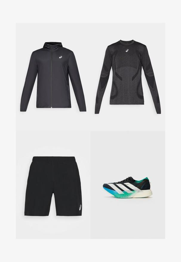 Black lightweight jacket with a hood, front zipper, long sleeves, and a small logo on the chest. Smooth, water-resistant fabric.; Long-sleeved athletic top in dark gray, featuring textured design accents in a lighter gray. Crew neckline with logo on the chest.; Black athletic shorts made of lightweight fabric with an elastic waistband. Features a white logo on the lower right side.; Black athletic shoe with white stripes, teal green accents, and a gradient blue-to-green sole. Lightweight design with textured upper.