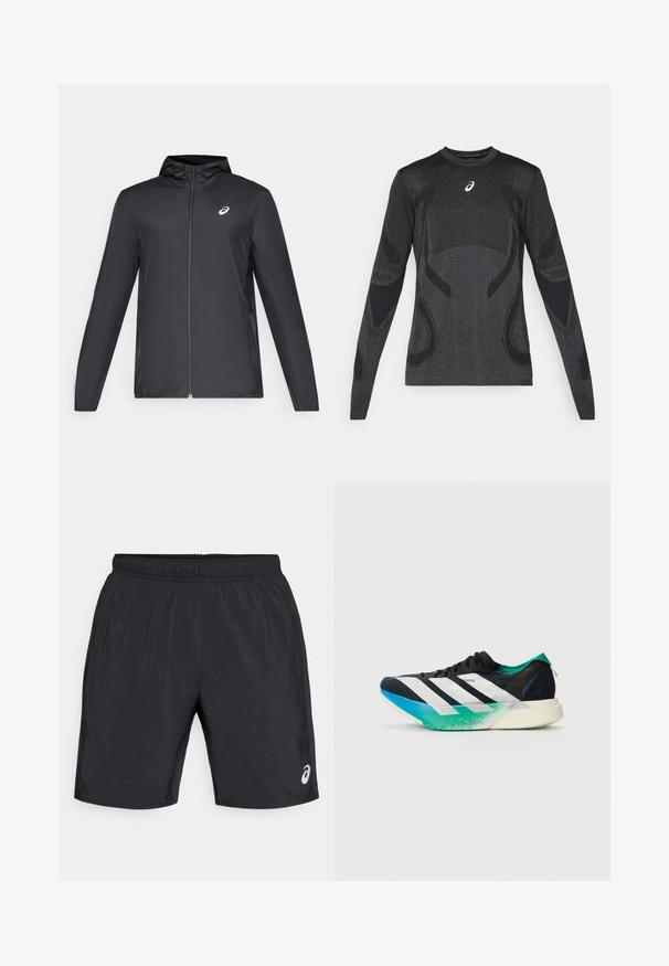 Sort letvægtsjakke med hætte, frontlynlås, lange ærmer og et lille logo på brystet. Glat, vandafvisende stof.; Langærmet atletisk top i mørkegrå, med teksturerede designelementer i en lysere grå. Crew-neklinje med logo på brystet.; Sorte sportshorts med elastisk talje. Glat tekstur og et logo nederst til højre foran. Knælængde design.; Sort atletisk sko med hvide striber, teal grønne accenter og en gradient sål fra blå til grøn. Letvægtsdesign med tekstureret overdel.