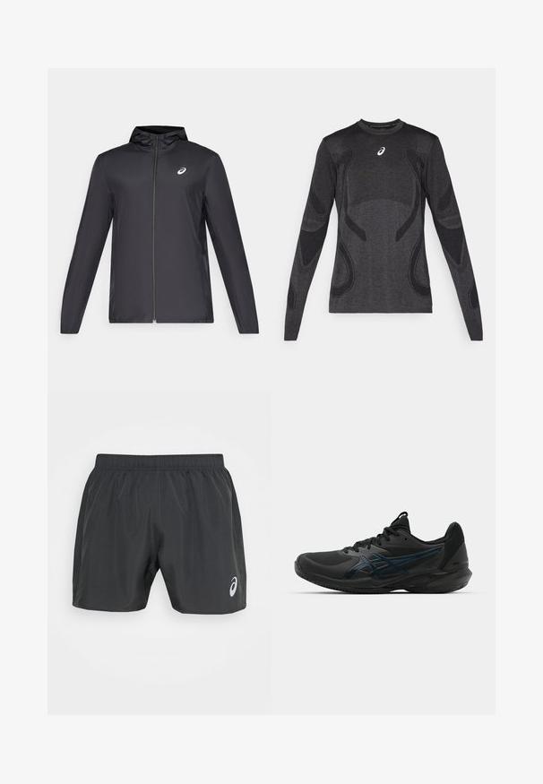 Schwarze, leichte Jacke mit Kapuze, Frontreißverschluss, langen Ärmeln und kleinem Logo auf der Brust. Glattes, wasserabweisendes Material.; Langärmliges Sportoberteil in Dunkelgrau mit strukturierten Designelementen in Hellgrau. Rundhalsausschnitt mit Logo auf der Brust.; ASICS CORE SHORT - Kurze Sporthose - graphite grey; ASICS SOLUTION SPEED FF 3 CLAY - Tennisschuh für Sandplätze - black/prism blue