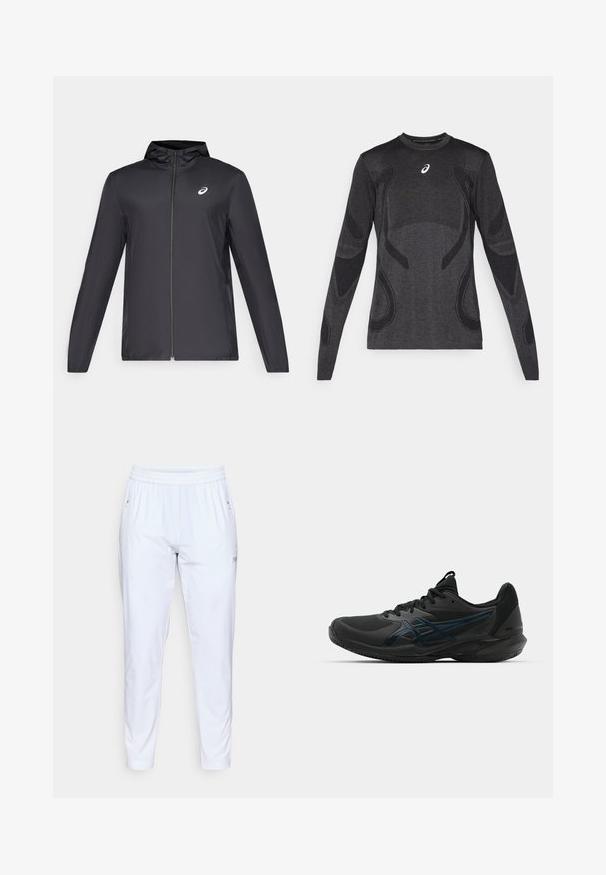 Crna lagana jakna s kapuljačom, prednjim patentnim zatvaračem, dugim rukavima i malim logom na prsima. Glatka, vodoodbojna tkanina.; Dugih rukava atletska majica tamno sive boje, s teksturiranim dizajnom u svjetlijoj sivoj boji. Okrugli izrez s logotipom na prsima.; Bijele hlače s elastičnim pojasom, uskog kroja, s dva bočna džepa i suptilnim brendiranjem na lijevoj nozi. Glatka tekstura i lagani materijal.; ASICS SOLUTION SPEED FF 3 CLAY - Tenisice za zemljane terene - black/prism blue