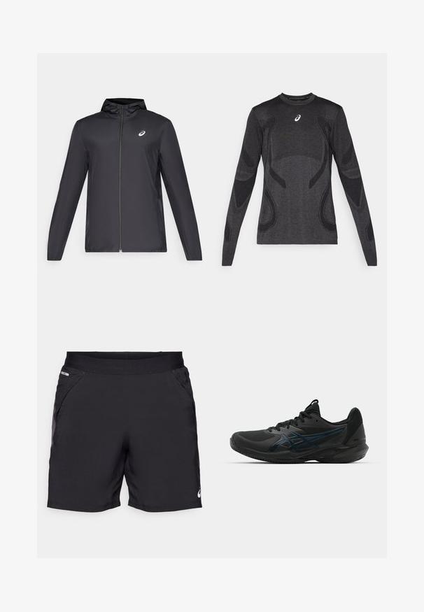 Čierna ľahká bunda s kapucňou, predným zipsom, dlhými rukávmi a malým logom na hrudi. Hladká, vodeodolná látka.; Dlhý rukáv športový top v tmavosivej farbe, s textúrovanými dizajnovými akcentmi vo svetlejšej sivej. Okruhly dekolt s logom na hrudi.; Čierne atletické šortky vyrobené z ľahkého materiálu, s dvoma bočnými vreckami, elastickým pásom a malým logom na spodnom leme.; ASICS SOLUTION SPEED FF 3 CLAY - Tenisové topánky na antuku - black/prism blue