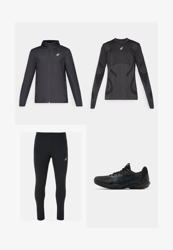 Giacca leggera nera con cappuccio, zip frontale, maniche lunghe e un piccolo logo sul petto. Tessuto liscio e resistente all'acqua.; Maglia sportiva a maniche lunghe in grigio scuro, con dettagli di design testurizzati in un grigio più chiaro. Collo a giro con logo sul petto.; ASICS ROAD WINTER - Leggings da corsa lunghi - performance black; ASICS SOLUTION SPEED FF 3 CLAY - da tennis per terra battuta - black/prism blue