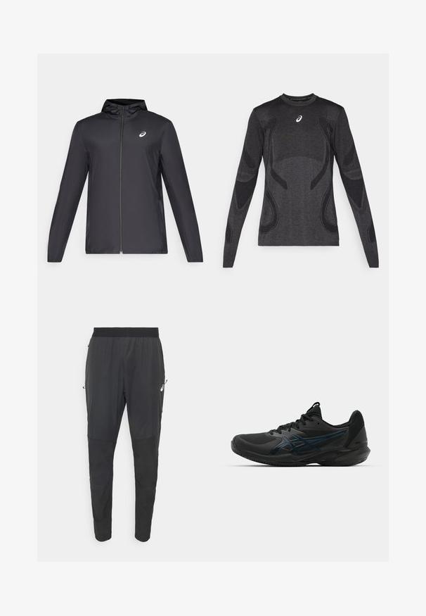 Čierna ľahká bunda s kapucňou, predným zipsom, dlhými rukávmi a malým logom na hrudi. Hladká, vodeodolná látka.; Dlhý rukáv športový top v tmavosivej farbe, s textúrovanými dizajnovými akcentmi vo svetlejšej sivej. Okruhly dekolt s logom na hrudi.; Čierne športové nohavice vyrobené z ľahkého, vodoodpudivého materiálu, s zúženým strihom, elastickým pásom a zipsovými bočnými vreckami.; ASICS SOLUTION SPEED FF 3 CLAY - Tenisové topánky na antuku - black/prism blue