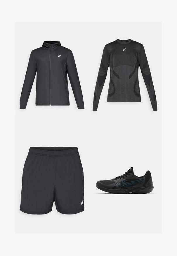 Chaqueta ligera negra con capucha, cierre frontal, mangas largas y un pequeño logo en el pecho. Tela suave y resistente al agua.; Camiseta deportiva de manga larga en gris oscuro, con acentos de diseño texturizado en un gris más claro. Cuello redondo con logotipo en el pecho.; Pantalones cortos deportivos negros de tela ligera. Cuentan con una cintura elástica y un logo en la parte inferior derecha.; ASICS SOLUTION SPEED FF 3 CLAY - Zapatillas de tenis para tierra batida - black/prism blue