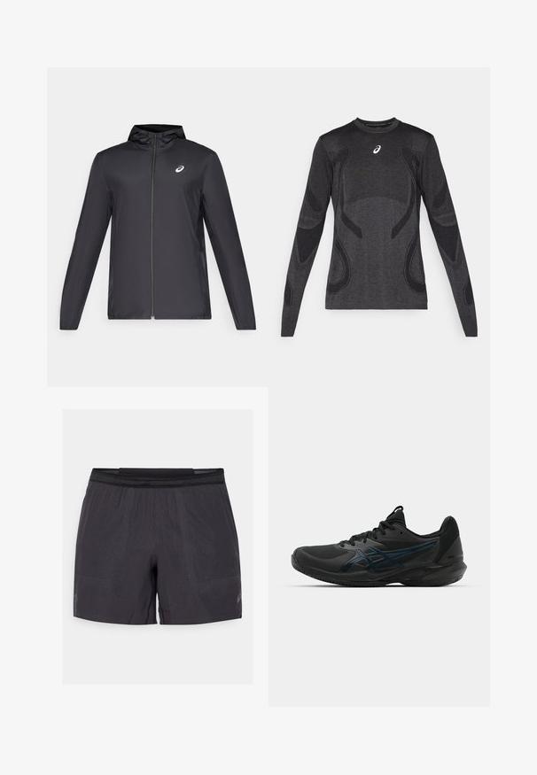 Melns viegls mētelis ar kapuci, priekšējais rāvējslēdzis, gari piedurknes un mazs logo uz krūtīm. Gluda, ūdensizturīga auduma.; Tumšpelēkās krāsas sporta krekls ar garām piedurknēm, kuram ir teksturēti akcenti gaišākā pelēkā krāsā. Ar apaļu kakla izgriezumu un ar logotipu uz krūtīm.; Melni sporta šorti, kas izgatavoti no viegla, elpojoša auduma, ar rakstainu tekstūru, elastīgu jostasvietu un atstarojošu logo detaļu.; ASICS SOLUTION SPEED FF 3 CLAY - Māla virsmas laukuma tenisa apavi - black/prism blue