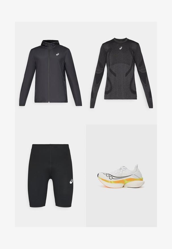 Crna lagana jakna s kapuljačom, prednjim patentnim zatvaračem, dugim rukavima i malim logom na prsima. Glatka, vodoodbojna tkanina.; Dugih rukava atletska majica tamno sive boje, s teksturiranim dizajnom u svjetlijoj sivoj boji. Okrugli izrez s logotipom na prsima.; Crne atletske gaće s glatkom teksturom, prilagođenim dizajnom i bijelim logotipom s lijeve strane. Nema vidljivih džepova ili metalnih detalja.; Bijela trkačka cipela s teksturiranim mrežastim gornjim dijelom, crnim swoosh dizajnom i šarolikim, slojevitim potplatom s narančastim i žutim naglascima.