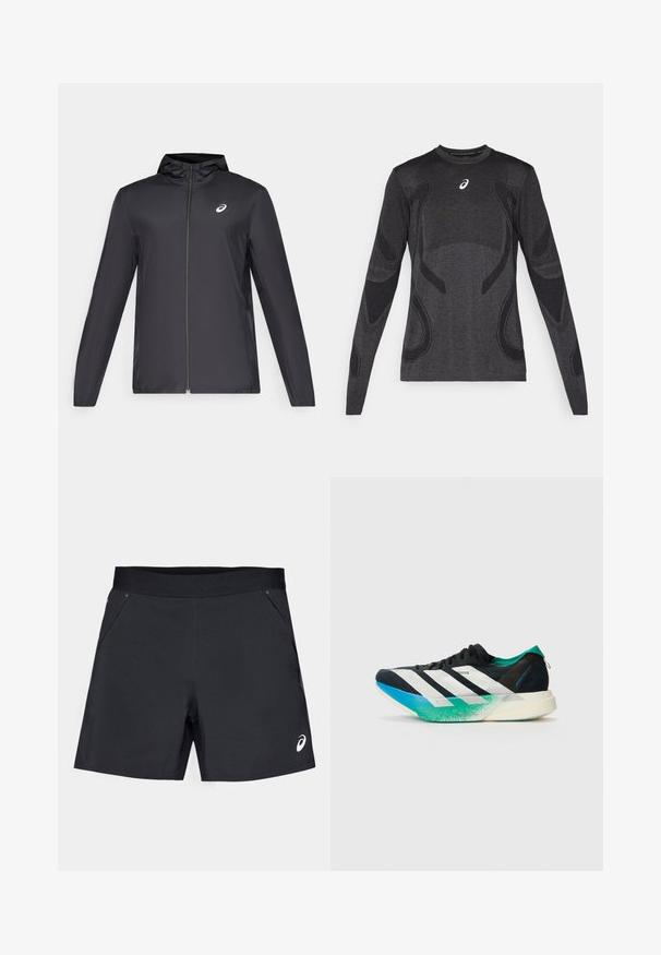 Black lightweight jacket with a hood, front zipper, long sleeves, and a small logo on the chest. Smooth, water-resistant fabric.; Long-sleeved athletic top in dark gray, featuring textured design accents in a lighter gray. Crew neckline with logo on the chest.; Black athletic shorts made of lightweight fabric, featuring a smooth texture, elastic waistband, and two side pockets. Logo on the lower right.; Black athletic shoe with white stripes, teal green accents, and a gradient blue-to-green sole. Lightweight design with textured upper.