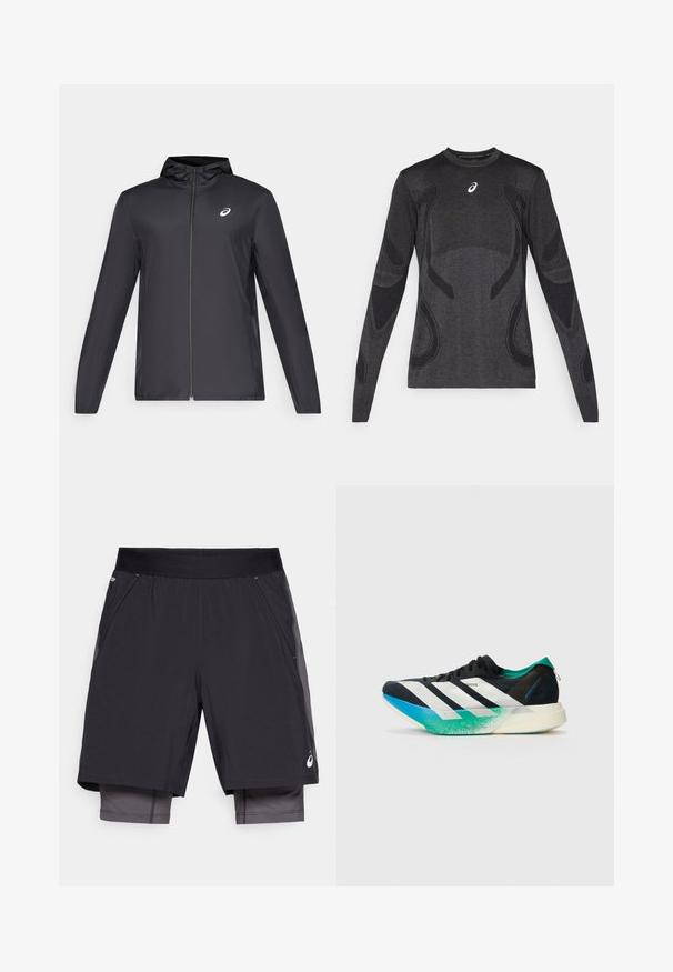 Černá lehká bunda s kapucí, předním zipem, dlouhými rukávy a malým logem na hrudi. Hladká, voděodolná tkanina.; Dlouhý rukáv sportovní top v tmavě šedé barvě, s texturovanými designovými akcenty v světle šedé. Kulatý výstřih s logem na hrudi.; Černé sportovní šortky s hladkým povrchem, které mají široký elastický pas a vnitřní podšívku ve tmavším odstínu. Obsahují boční kapsy.; Černá atletická bota s bílými pruhy, akcenty v tyrkysově zelené barvě a gradientní podrážkou modré až zelené. Lehce vážící design s texturovaným svrškem.