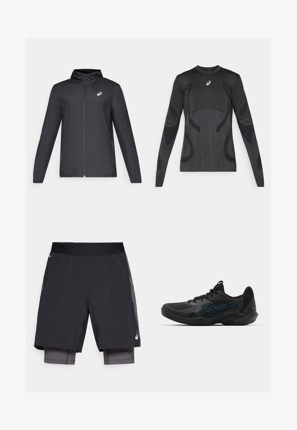 Mustmust mustgaasiga, millega on väike kapuuts, ees lukuga, pikad varrukad ja väike logo rinnal. Sile, veekindel kangas.; Tumehallide pika varrukaga spordisärgid, millel on heleda halli tooni tekstuurilised detailid. Ümmargune kaelus ja logo rinnal.; Mustad mustad spordilühikesed püksid sujuva tekstuuriga, laia elastse vöökoha ja tumedamat tooni sisetükkidega. Küljetaskud on kaasas.; ASICS SOLUTION SPEED FF 3 CLAY - Savikattega väljaku tennisejalatsid - black/prism blue
