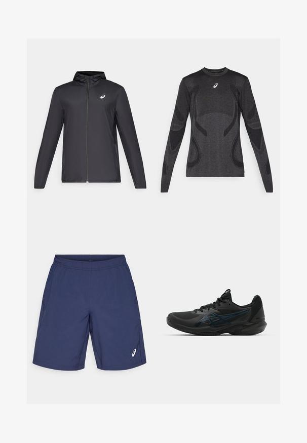 Mustmust mustgaasiga, millega on väike kapuuts, ees lukuga, pikad varrukad ja väike logo rinnal. Sile, veekindel kangas.; Tumehallide pika varrukaga spordisärgid, millel on heleda halli tooni tekstuurilised detailid. Ümmargune kaelus ja logo rinnal.; Tumesinised lühikesed püksid kergest materjalist, elastse vöökoha ja küljetaskutega. Logo on näha vasakul all.; ASICS SOLUTION SPEED FF 3 CLAY - Savikattega väljaku tennisejalatsid - black/prism blue