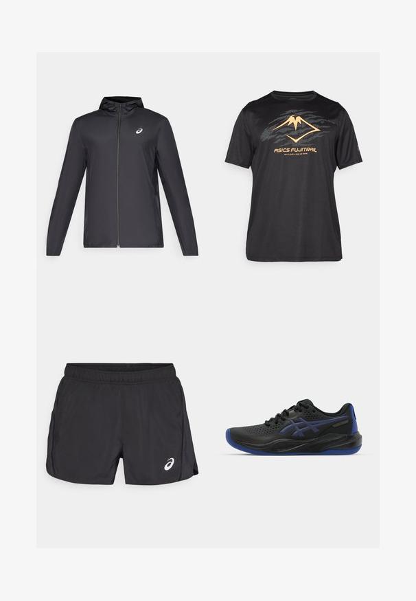 Musta kevyt takki hupulla, edessä vetoketju, pitkät hihat ja pieni logo rinnassa. sileä, vettä hylkivä kangas.; ASICS FUJITRAIL LOGO TOP - Tekninen t-paita - performance black; Mustat urheilushortsit, joissa on joustava vyötärö, sivulle halkio ja valkoinen logo alhaalla oikealla. Kevyt, sileä materiaali.; Musta urheilukenkä sinisillä yksityiskohdilla, jossa on rei'itetty päällinen, pyöristetty kärki ja teksturoitu pohja. Sisältää nyörityssuunnittelun ja logotyypin.