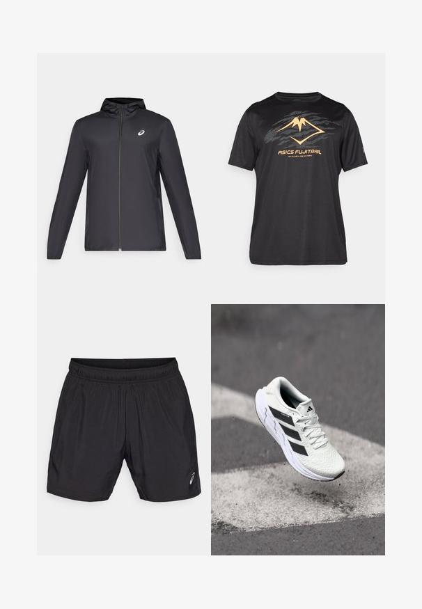 Melns viegls mētelis ar kapuci, priekšējais rāvējslēdzis, gari piedurknes un mazs logo uz krūtīm. Gluda, ūdensizturīga auduma.; ASICS FUJITRAIL LOGO TOP - Sporta krekli - performance black; Melnas sporta šortus, kas izgatavoti no viegla materiāla, ar elastīgu jostu un mazu logotipu apakšējā kreisajā pusē.; Baltas sporta apavs ar teksturētu sietu augšu, melnām svītrām, auklu aizdari un mīkstu zoli, kas levitē virs marķētas ceļa virsmas.