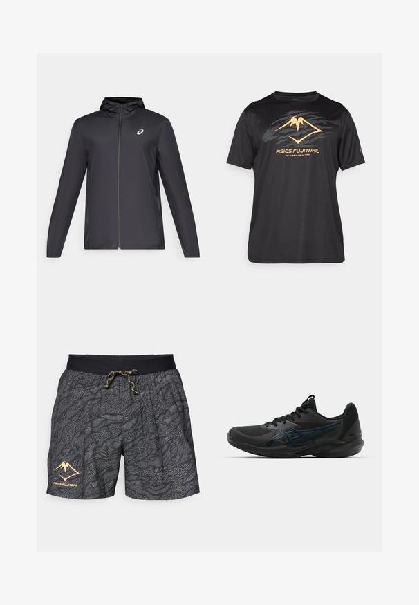 Črna lahka jakna s kapuco, sprednjim zadrgo, dolgimi rokavi in majhnim logotipom na prsih. Gladko, vodoodporno blago.; ASICS FUJITRAIL LOGO TOP - Športne majice - performance black; Črne kratke hlače z teksturiranim vzorcem sivih valov in pikčastimi detajli. Imajo črn elastičen pas z rumenim vrvico in logotipom.; ASICS SOLUTION SPEED FF 3 CLAY - Teniški copati za peščeno podlago - black/prism blue