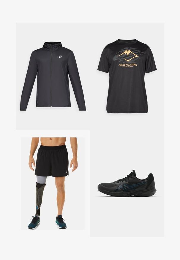 Chaqueta ligera negra con capucha, cierre frontal, mangas largas y un pequeño logo en el pecho. Tela suave y resistente al agua.; ASICS FUJITRAIL LOGO TOP - Camiseta deportiva - performance black; Shorts atléticos negros usados por una persona, que presenta una pierna protésica con un diseño de fibra de carbono y acentos azules, combinados con zapatillas de correr en color verde azulado.; ASICS SOLUTION SPEED FF 3 CLAY - Zapatillas de tenis para tierra batida - black/prism blue