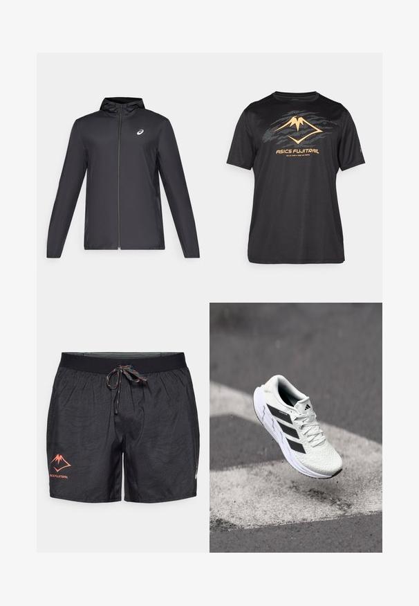 Mustmust mustgaasiga, millega on väike kapuuts, ees lukuga, pikad varrukad ja väike logo rinnal. Sile, veekindel kangas.; ASICS FUJITRAIL LOGO TOP - Spordi T-särk - performance black; Must-have musta spordilühikesed, mis on valmistatud kerge, tekstuuriga kangast. Omaduseks on elastne vöökoht, millel on mitmevärviline nöör ja peened mustrid.; Valge spordijalats tekstuurse võrgu pealmise osaga, mustade triipudega, nööriga kinnitamine ja pehmendatud tallaga, levib märgitud teepinna kohal.