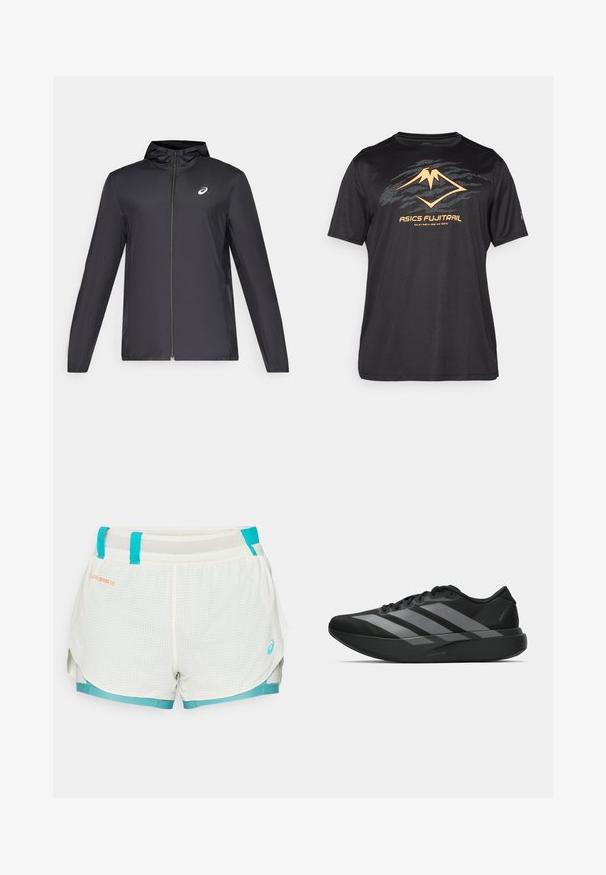 Svart lett jakke med hette, glidelås foran, lange ermer og en liten logo på brystet. Glatt, vannavstøtende stoff.; ASICS FUJITRAIL LOGO TOP - T-skjorte til trening - performance black; Lette, mesh-fôrede shorts i hvit med turkise aksenter. Har rutemønster, snor i livet og sidespalter for bevegelsesfrihet.; Sorte svarte treningssko med lett design, med tre fremtredende grå striper, en glatt tekstur og en formet såle.