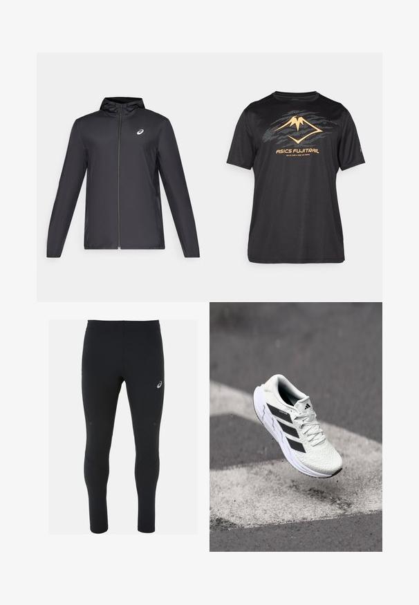 Giacca leggera nera con cappuccio, zip frontale, maniche lunghe e un piccolo logo sul petto. Tessuto liscio e resistente all'acqua.; ASICS FUJITRAIL LOGO TOP - T-Shirt sport - performance black; ASICS ROAD WINTER - Leggings da corsa lunghi - performance black; Scarpa sportiva bianca con tomaia in rete testurizzata, strisce nere, chiusura con lacci e suola ammortizzata, che levita sopra una superficie stradale segnata.