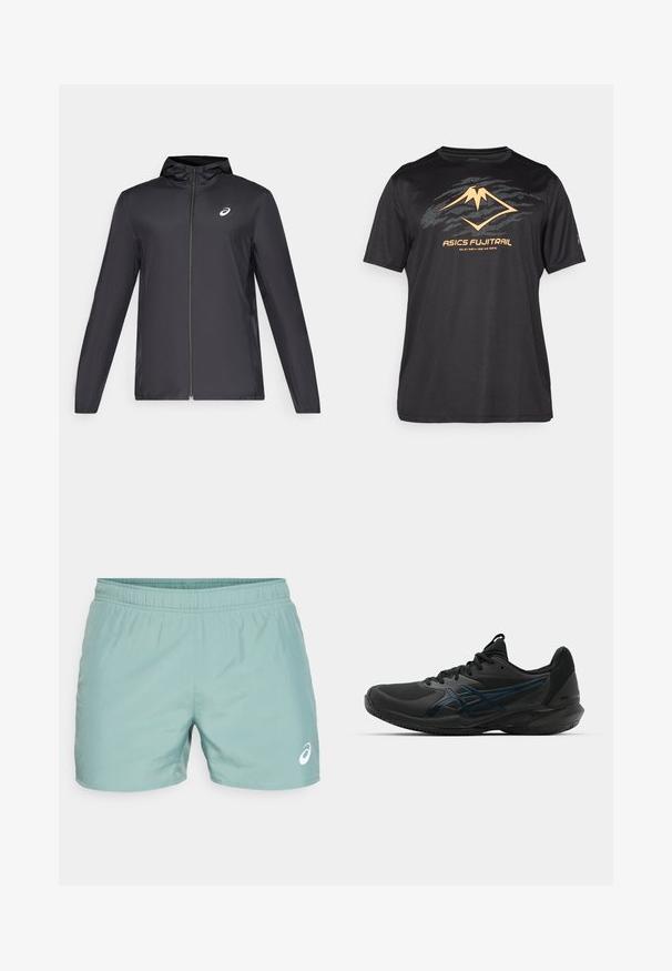 Fekete, könnyű dzseki kapucnival, elöl cipzárral, hosszú ujjú, és egy kisebb logóval a mellkason. Simább, vízálló anyag.; ASICS FUJITRAIL LOGO TOP - Sportfelső - performance black; ASICS CORE SHORT - Sport rövidnadrágok - celadon; ASICS SOLUTION SPEED FF 3 CLAY - Salakpályás teniszcipők - black/prism blue